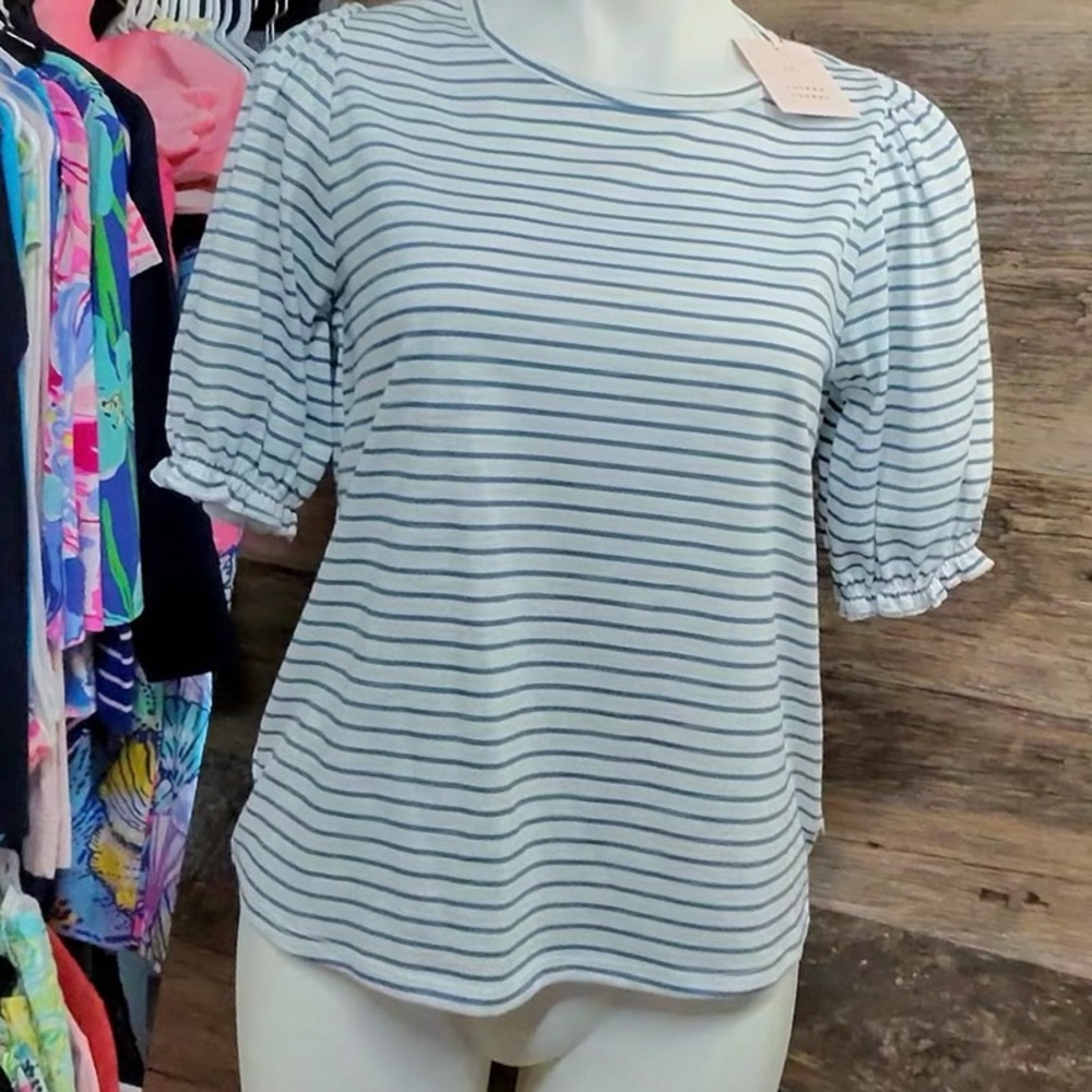 LC Lauren Conrad Blue Striped Puff Sleeve Blouse